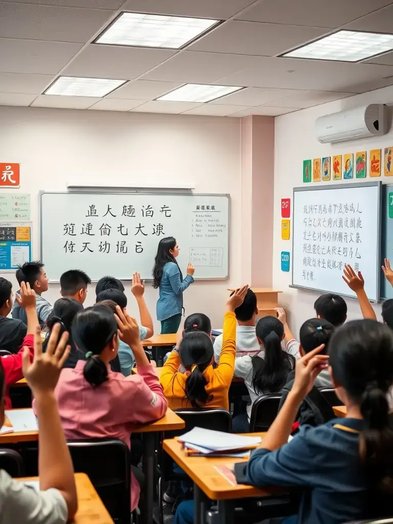 Students in a Cantonese language class, practicing pronunciation with a teacher in Hong Kong.