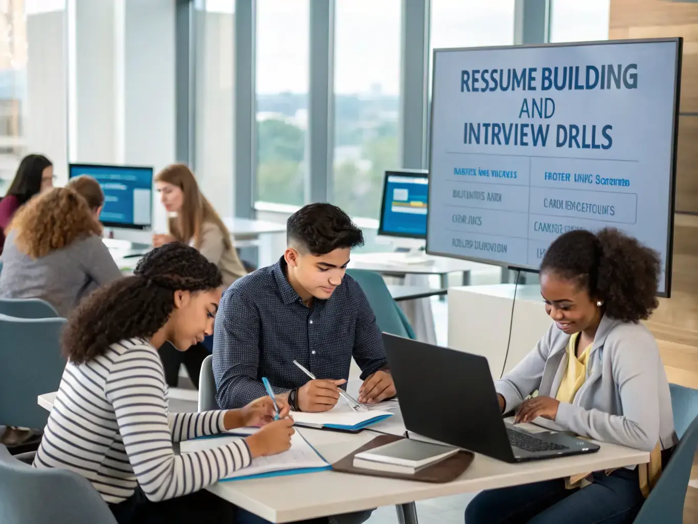 An image of students attending a workshop on career development, focusing on resume writing and interview skills, symbolizing career preparation.