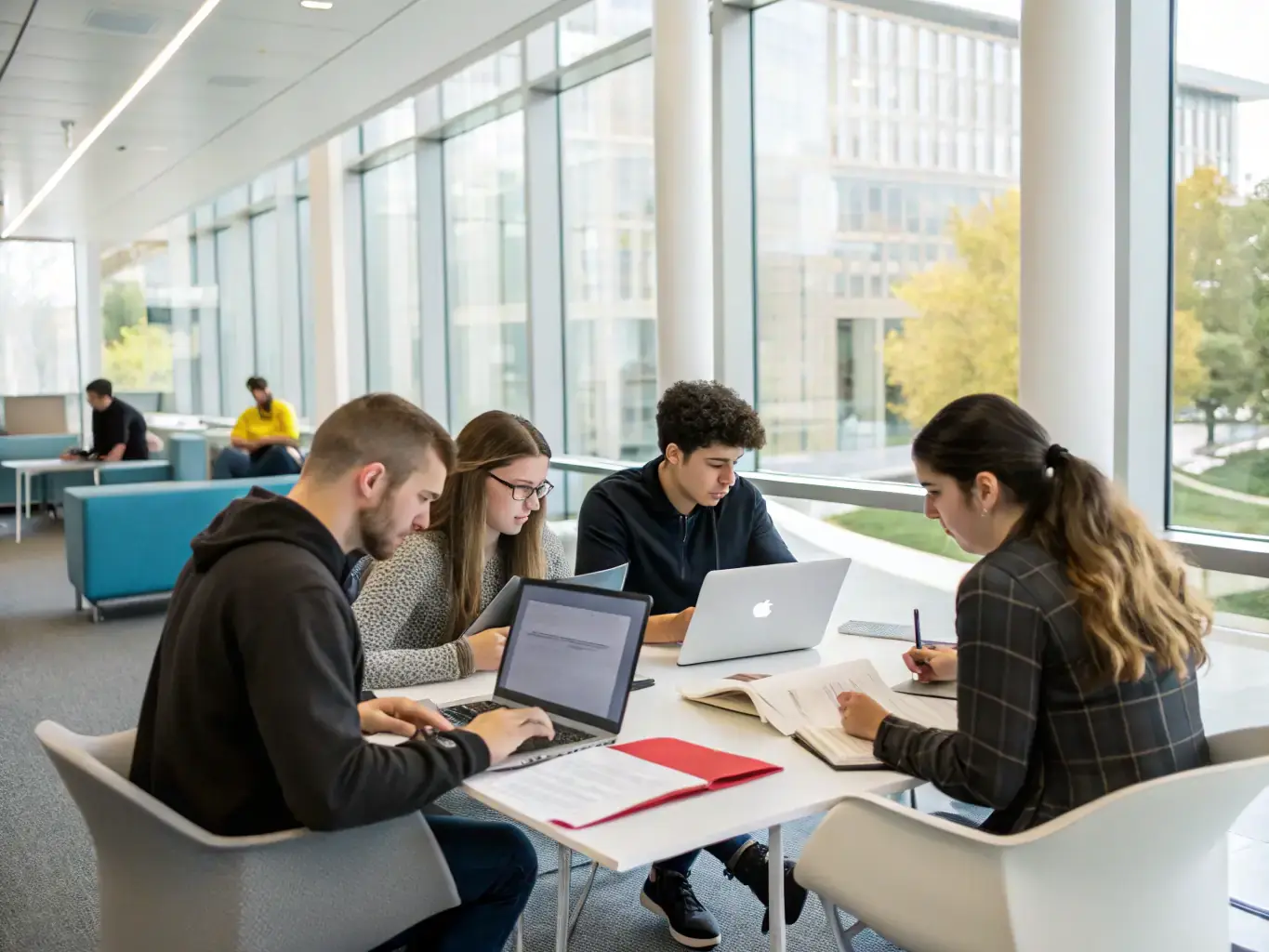 A student intern working alongside professionals in a modern office environment, gaining hands-on experience and developing valuable skills.